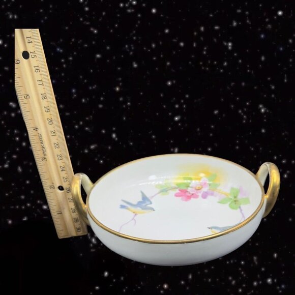 Hand Painted Nippon Fine Porcelain Dish Bowl Flower Bird Two Handled Vintage - Picture 7 of 14